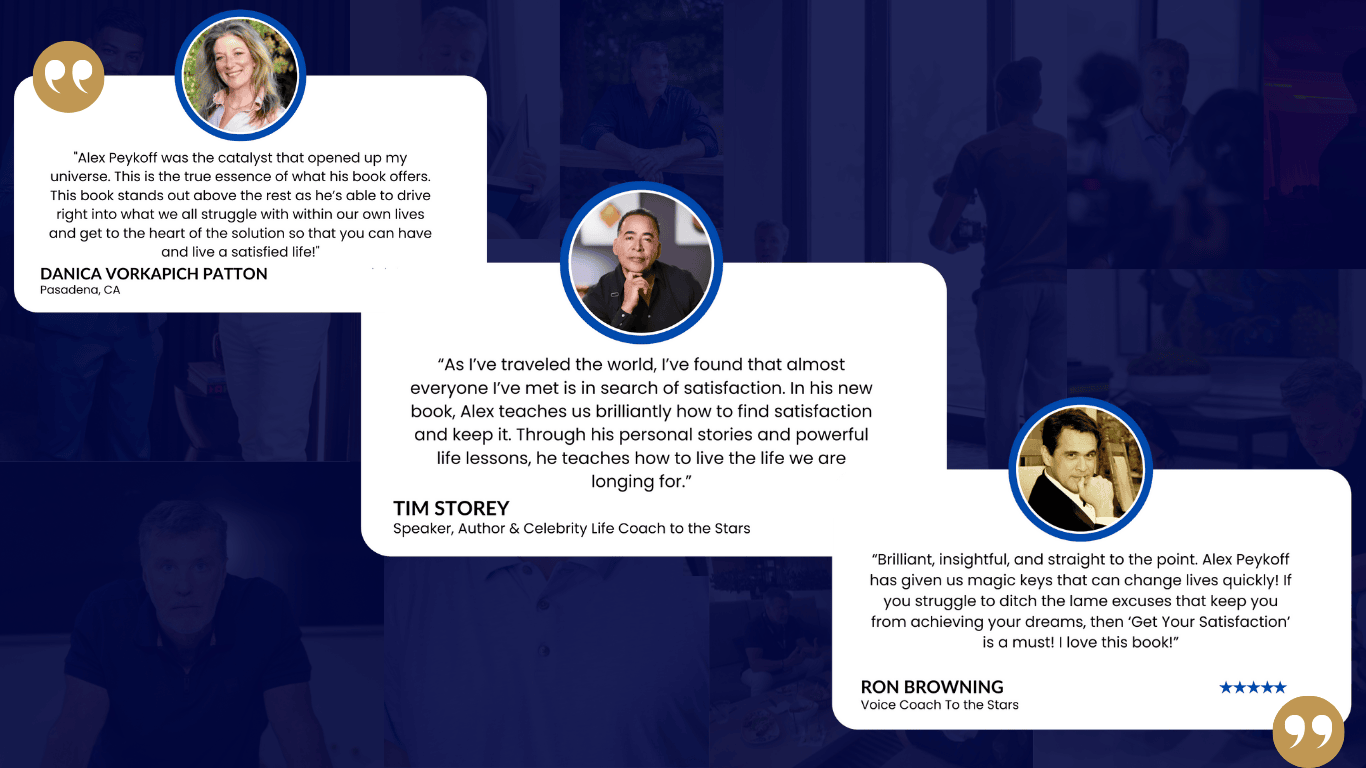 Amazon books, wall street journal, best seller, satisfaction guarantee, get your satisfaction,Satisfied Life with Alex Peykoff, rich on paper poor in life, permission slip, the deep return, private coaching, trusted advisor, business coach, multi billionaire, Niagara bottling, tim storey, ron browning, danica vorkapich pattron, david meltzer, 